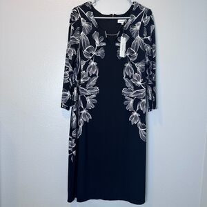 Calvin Klein Womens Size-XL Dress Black/White Floral 3/4 Sleeve Lined Business